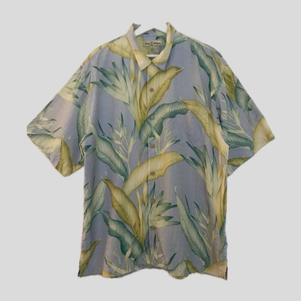 Tommy Bahama Light Blue Green Silk Short Sleeve Tropical Hawaiian Shirt Mens XL
